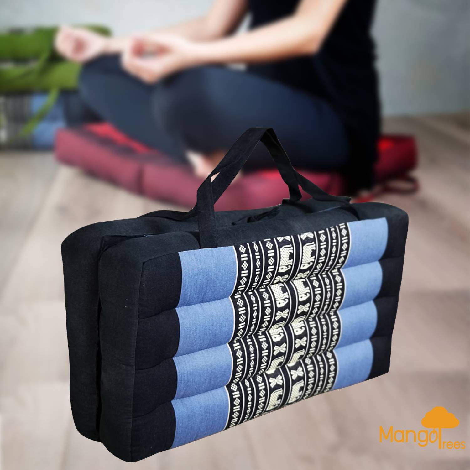 organic meditation pillow in black and blue