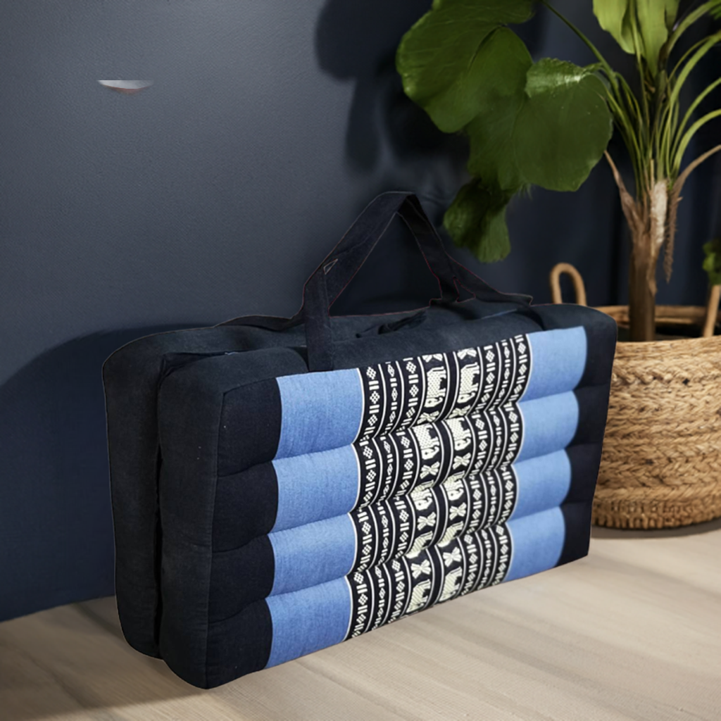 Thai-style foldable meditation cushion in blue and black with geometric patterns