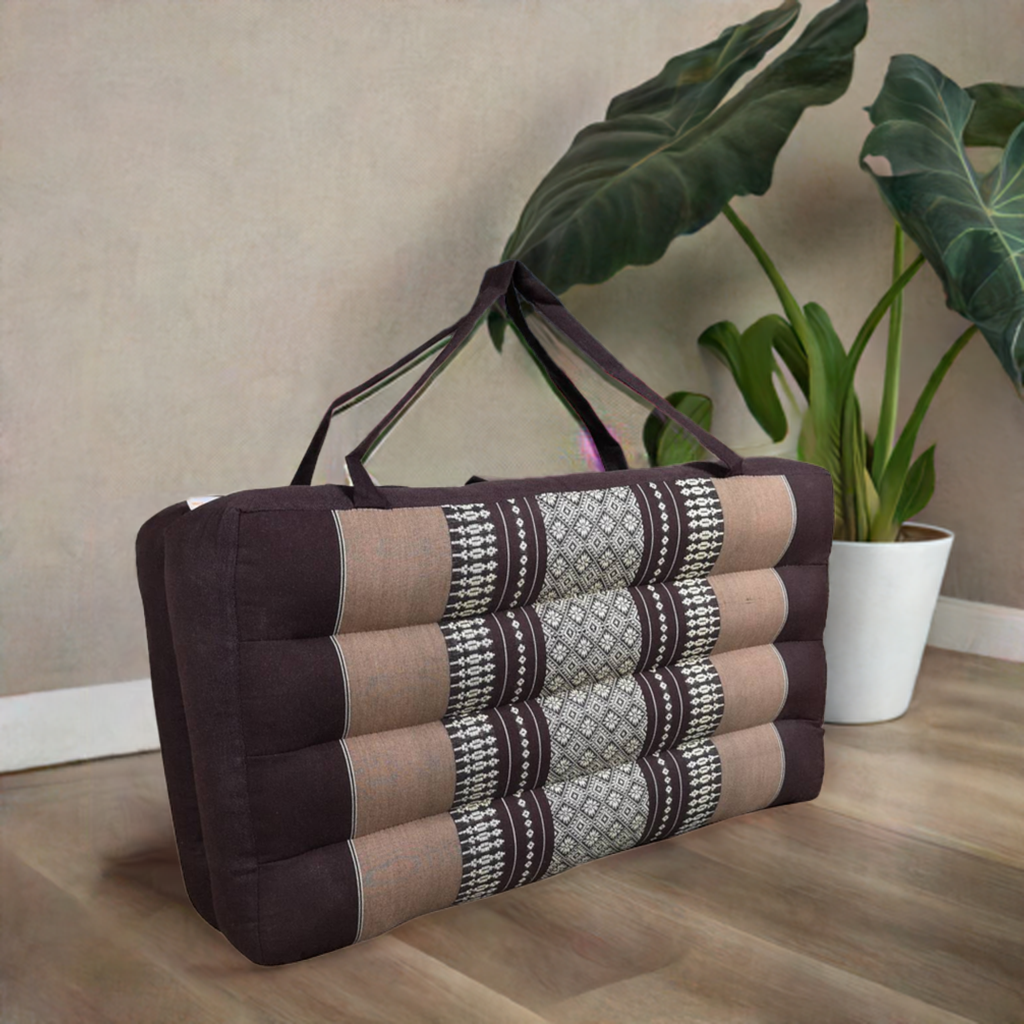 Thai-style foldable meditation cushion in brown with geometric cotton fabric panels