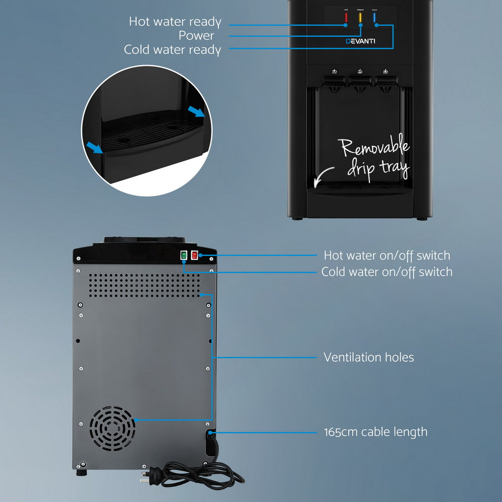 22L Devanti Premium Water Cooler Dispenser Bench Top 3 Taps Chiller Filter Purifier Three Taps Black