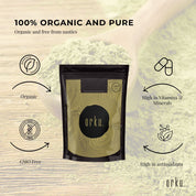 Black pouch with gold woodgrain pattern featuring Orku branding for Organic Matcha