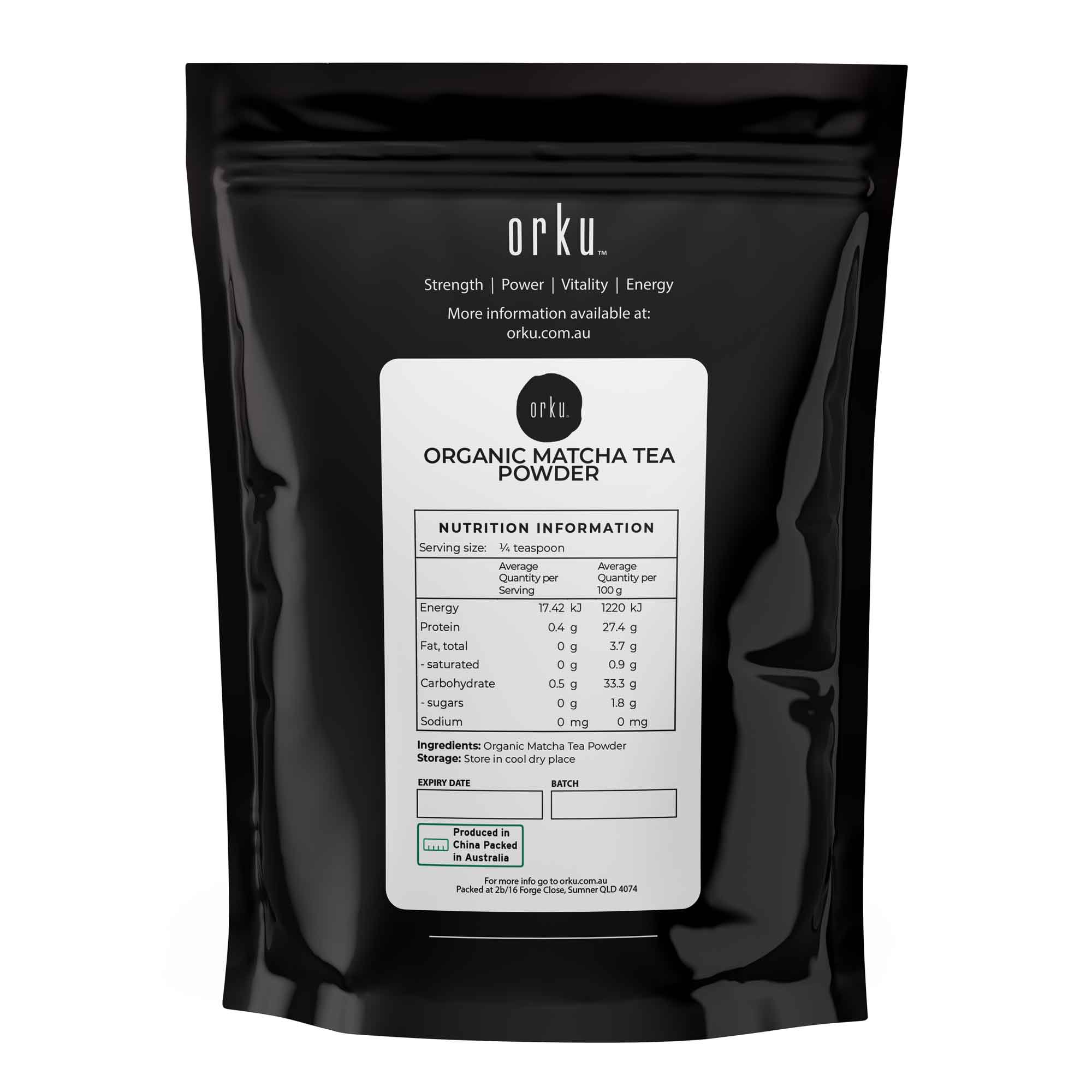 Black pouch of Orku Organic Matcha, Camellia Sinensis matcha green tea powder