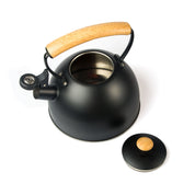 Matte black stainless steel tea kettle with wooden handle, 3 Liter modern whistling tea pot