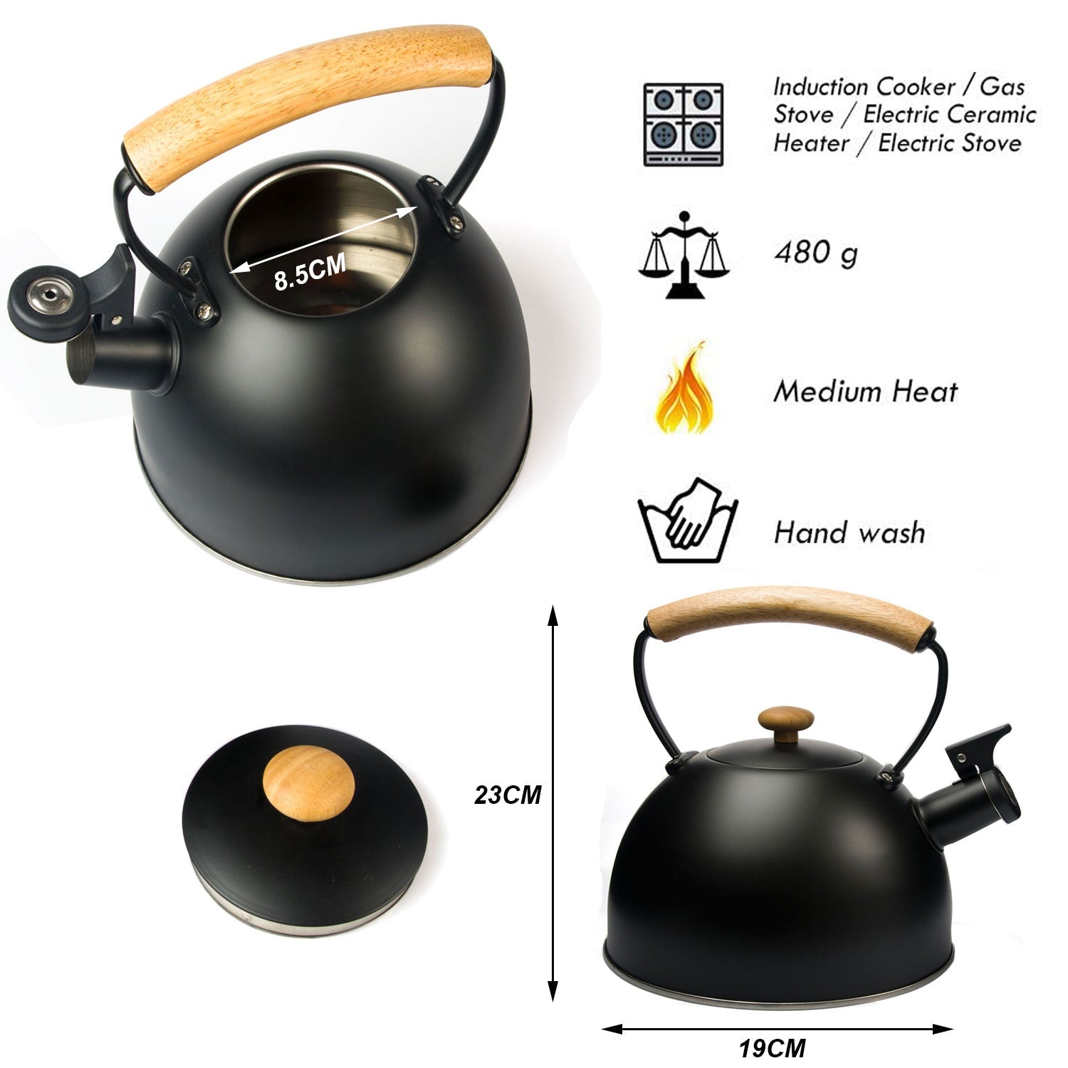 Black stainless steel tea kettle with wooden handle and spout, modern whistling tea pot