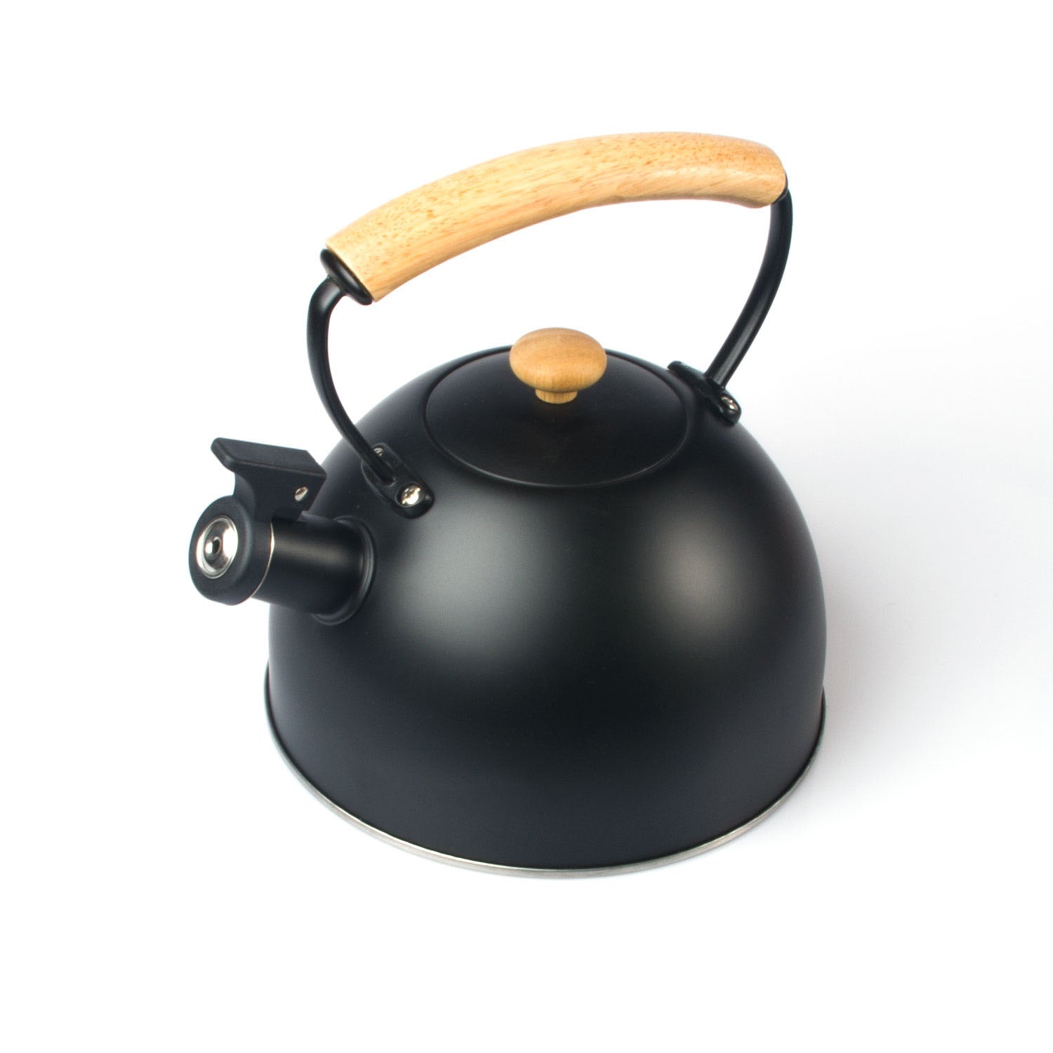 Matte black whistling tea kettle with wooden handle and gold-toned lid for stovetop use