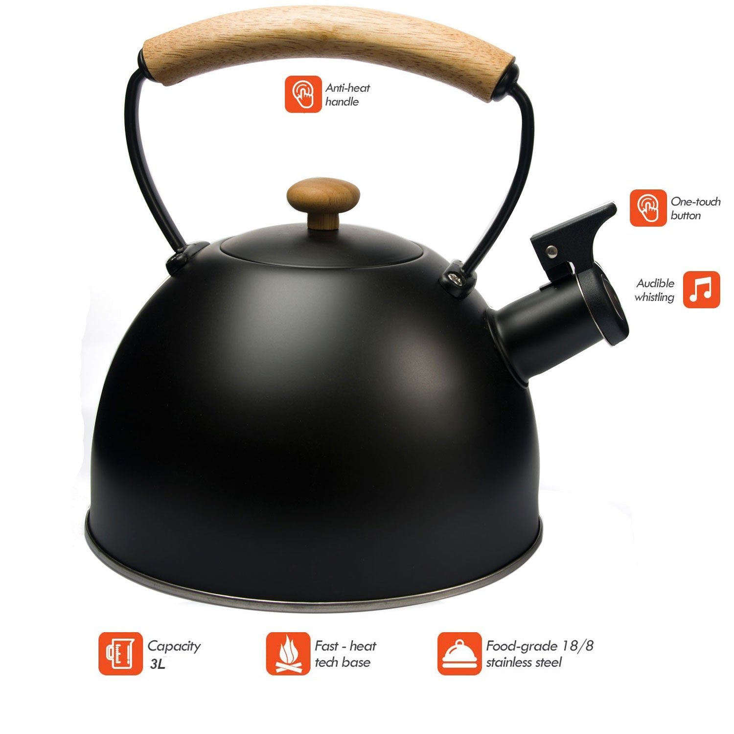 Matte black stainless steel tea kettle with wooden handle and knob for whistling tea