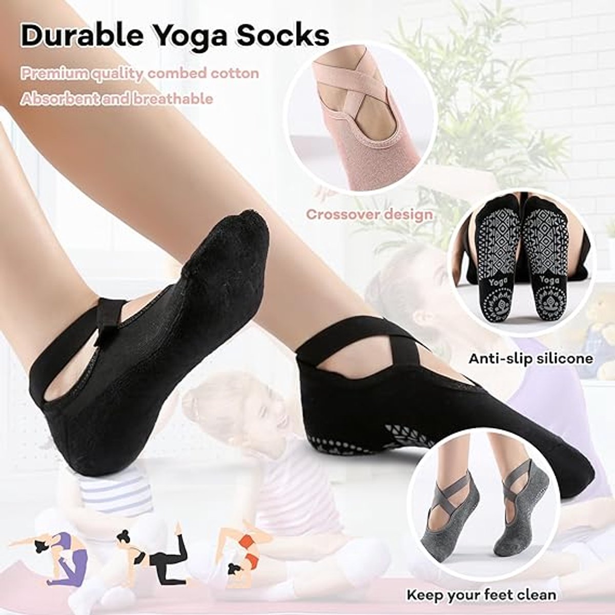 3 pairs of yoga socks - Pilates socks - non-slip socks - sports socks - ballet socks - for yoga pole Pilates dance - black, dark grey and pink
