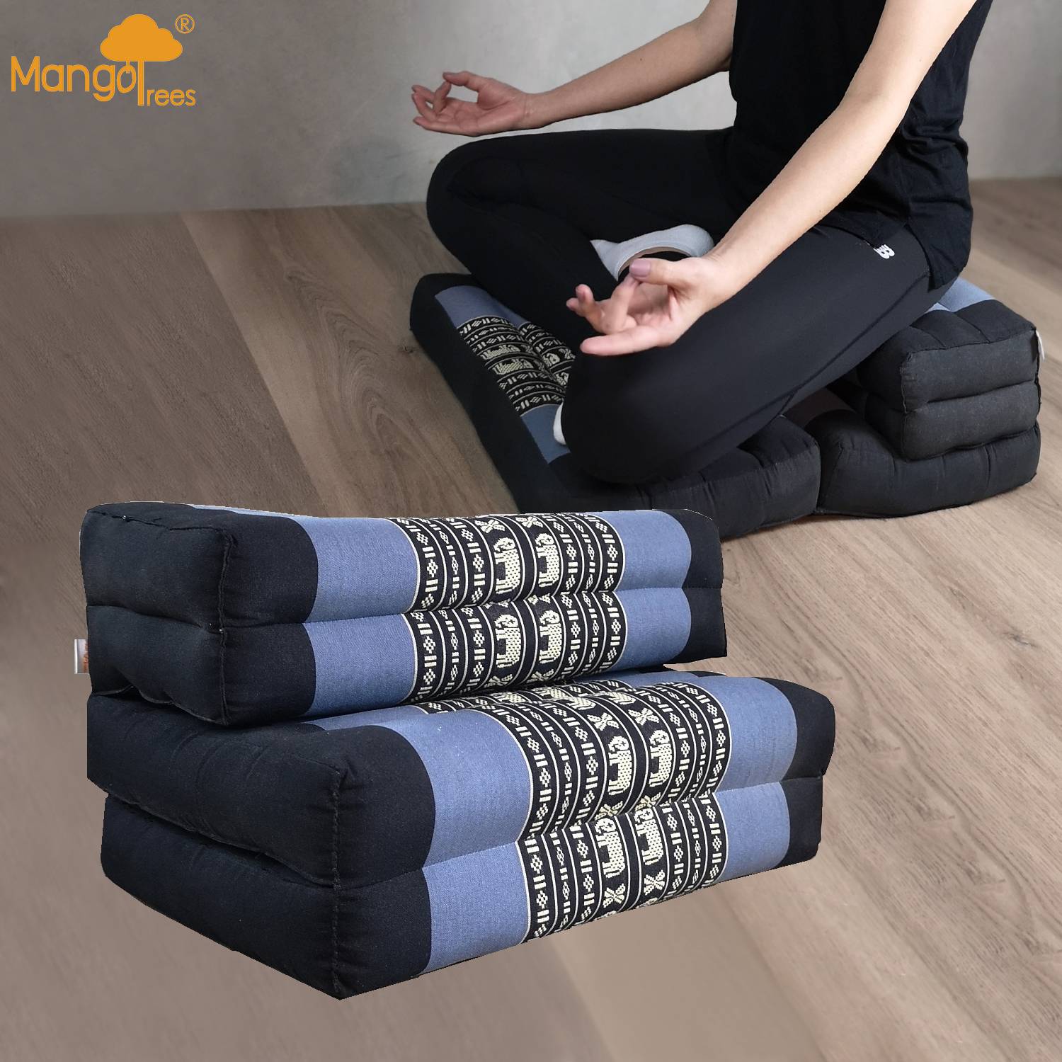 black and blue foldable meditation cushion and seat