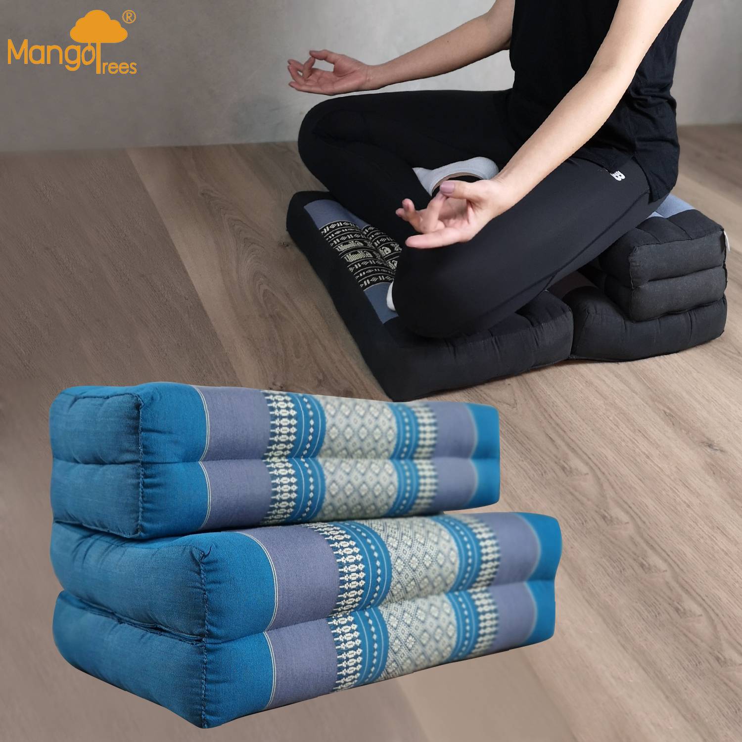 blue three way foldable meditation cushion and seat