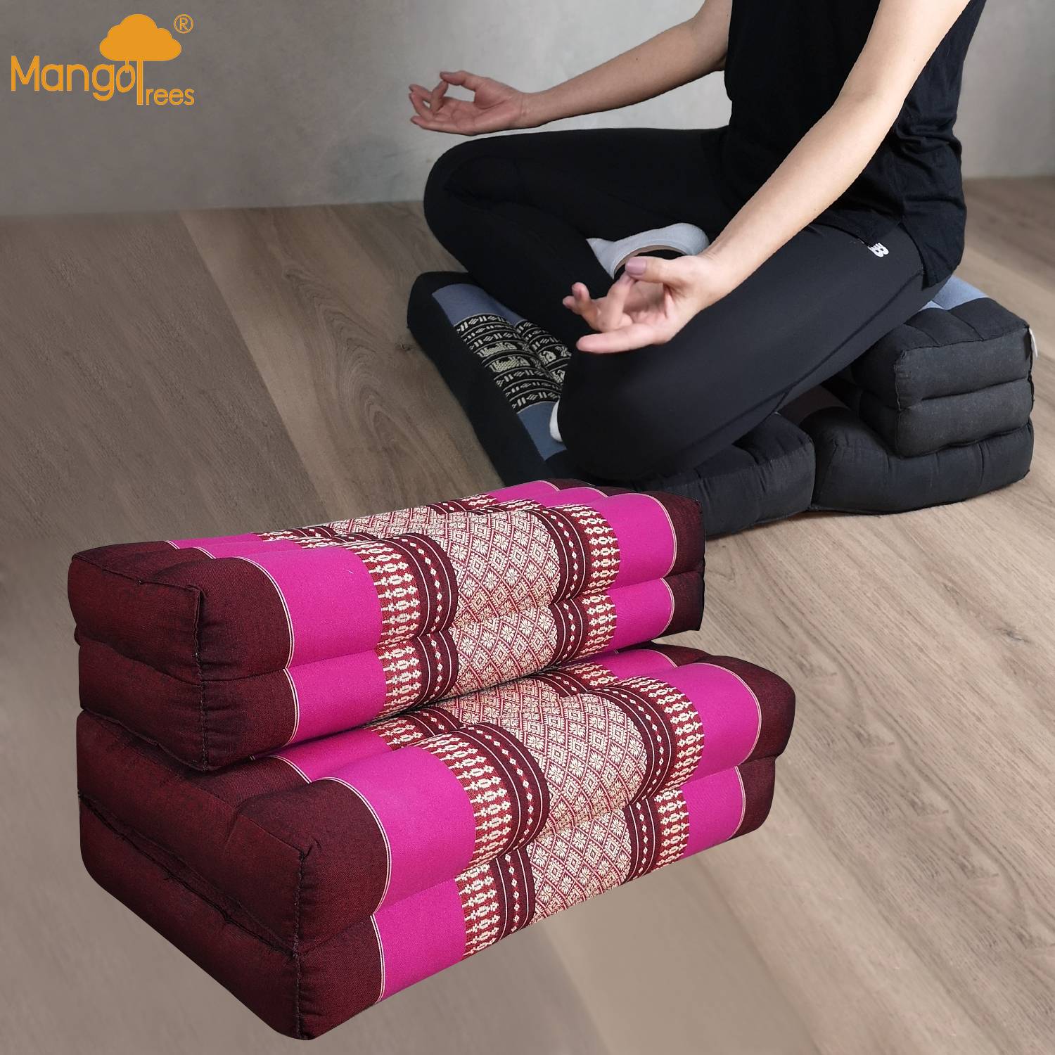 red and pink meditation cushion folds into seat