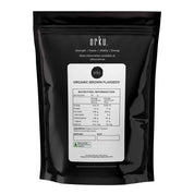 Black pouch of Orku Organic Brown Linseed Flaxseed with nutritional label for healthy living