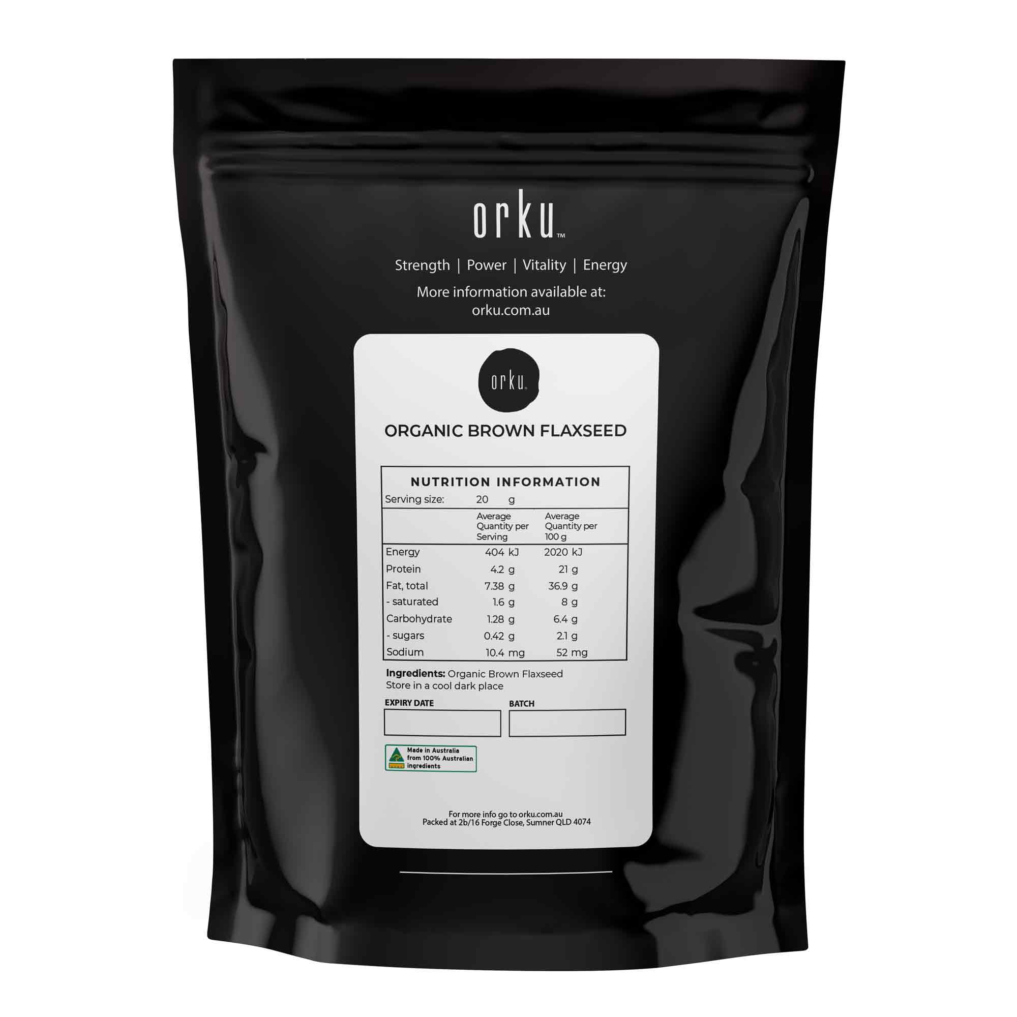 Black pouch of Orku Organic Brown Linseed Flaxseed with nutritional label for healthy living