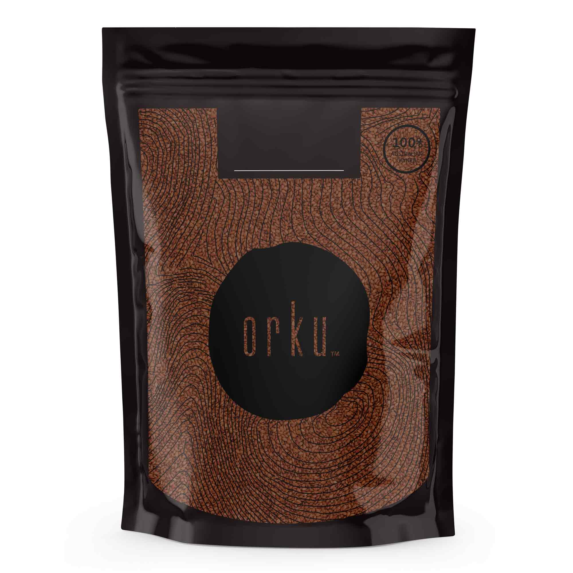 Black resealable pouch with Orku branding for 400g organic brown linseed flaxseed