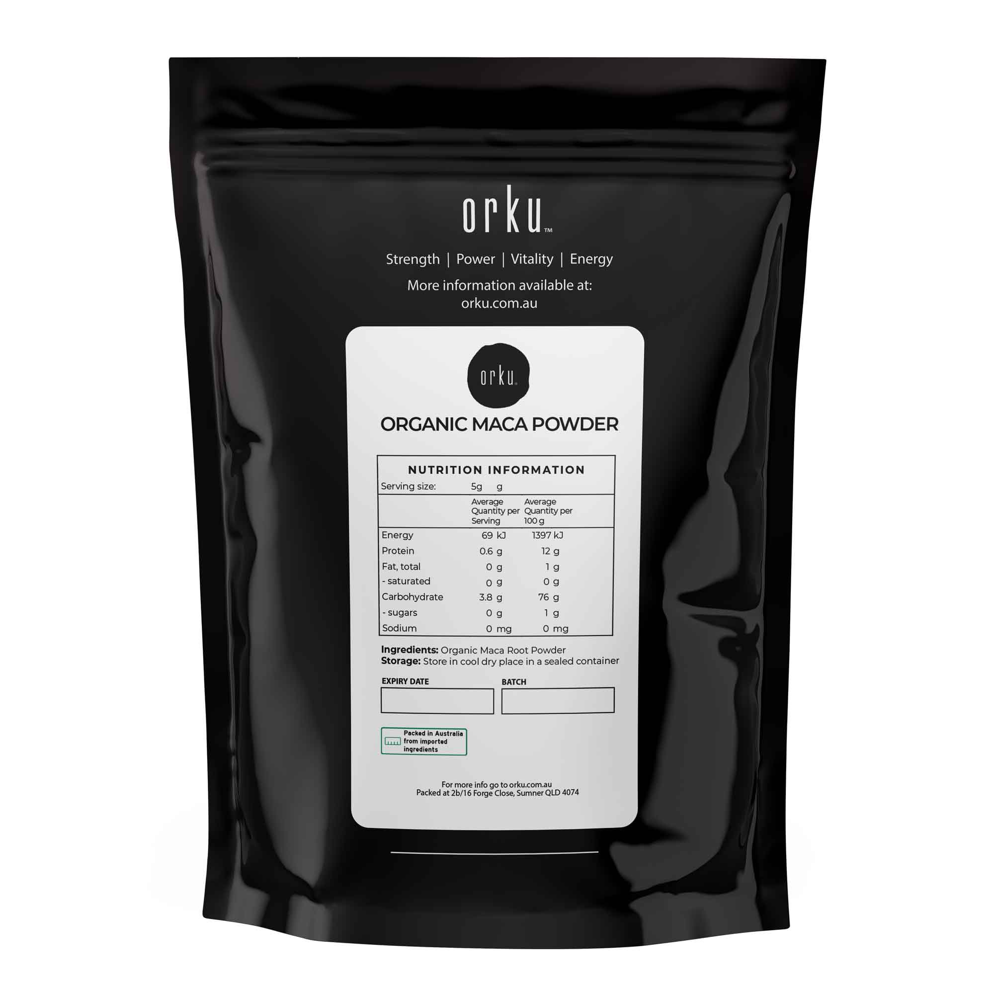 Black pouch of Organic Maca Powder, a super food Peruvian nutritional supplement