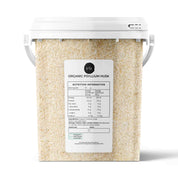 White bucket of Organic Psyllium Husk Powder with nutrition label for Isabgol Ispaghula