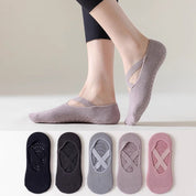 5-Pair Black Premium Non-Slip Yoga & Pilates Socks with Elastic Cross-Straps - Breathable Cotton Ballet-Style High Grip Socks