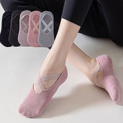 5-Pair Black Premium Non-Slip Yoga & Pilates Socks with Elastic Cross-Straps - Breathable Cotton Ballet-Style High Grip Socks