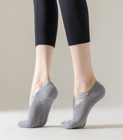 5-Pair Blue & Grey Premium Non-Slip Yoga & Pilates Socks with Elastic Cross-Straps - Breathable Cotton Ballet-Style High Grip Socks
