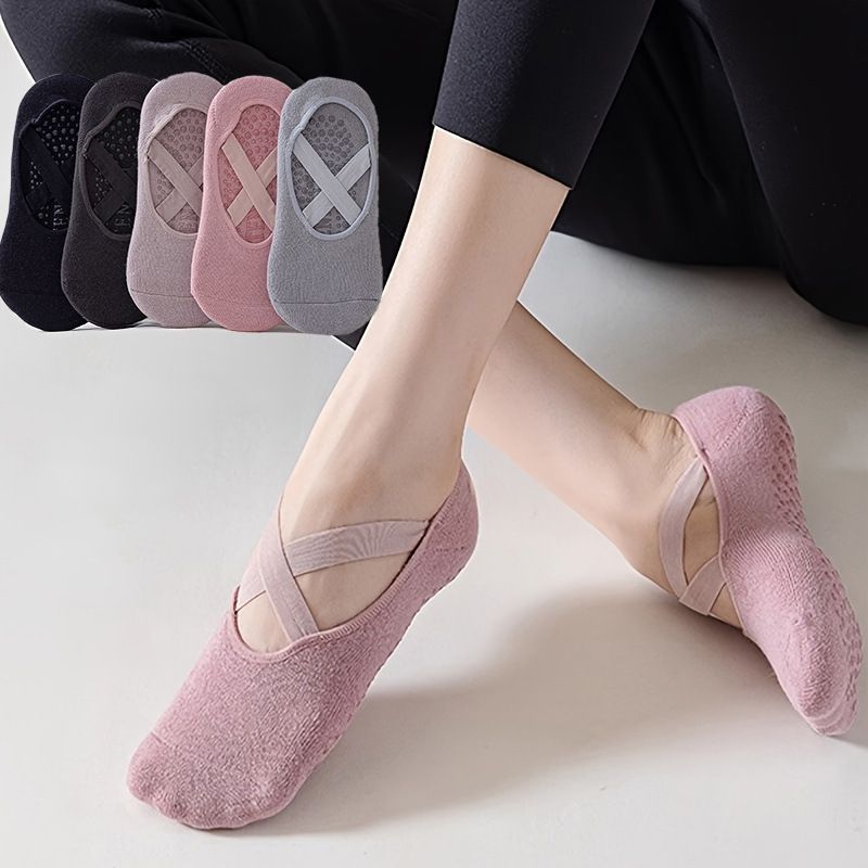 5-Pair Blue & Grey Premium Non-Slip Yoga & Pilates Socks with Elastic Cross-Straps - Breathable Cotton Ballet-Style High Grip Socks