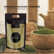 Black pouch of organic matcha green tea powder with gold geometric patterns