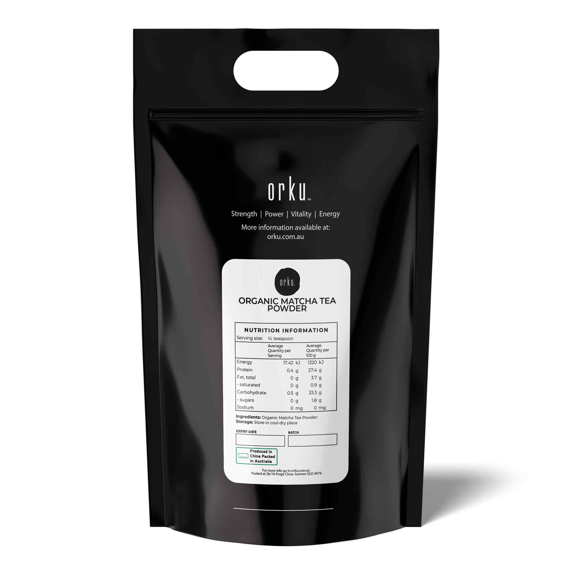 Black resealable pouch of Organic Matcha Green Tea Powder Camellia Sinensis with nutrition label