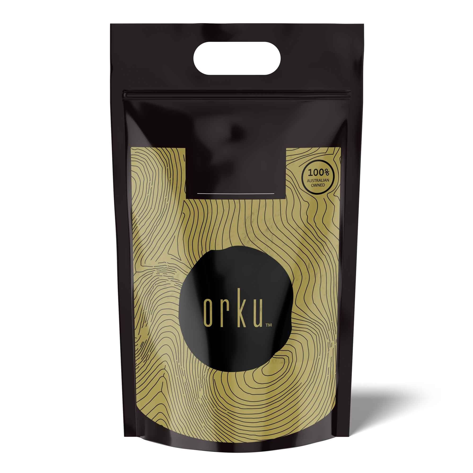 Black and gold resealable pouch featuring Orku branding for Organic Matcha Green Tea