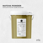 Green Matcha Tea Powder in a white bucket, 600g Organic Matcha Powder with nutrition label