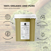 White-lidded bucket of 600g Organic Matcha Powder with benefits icons and label