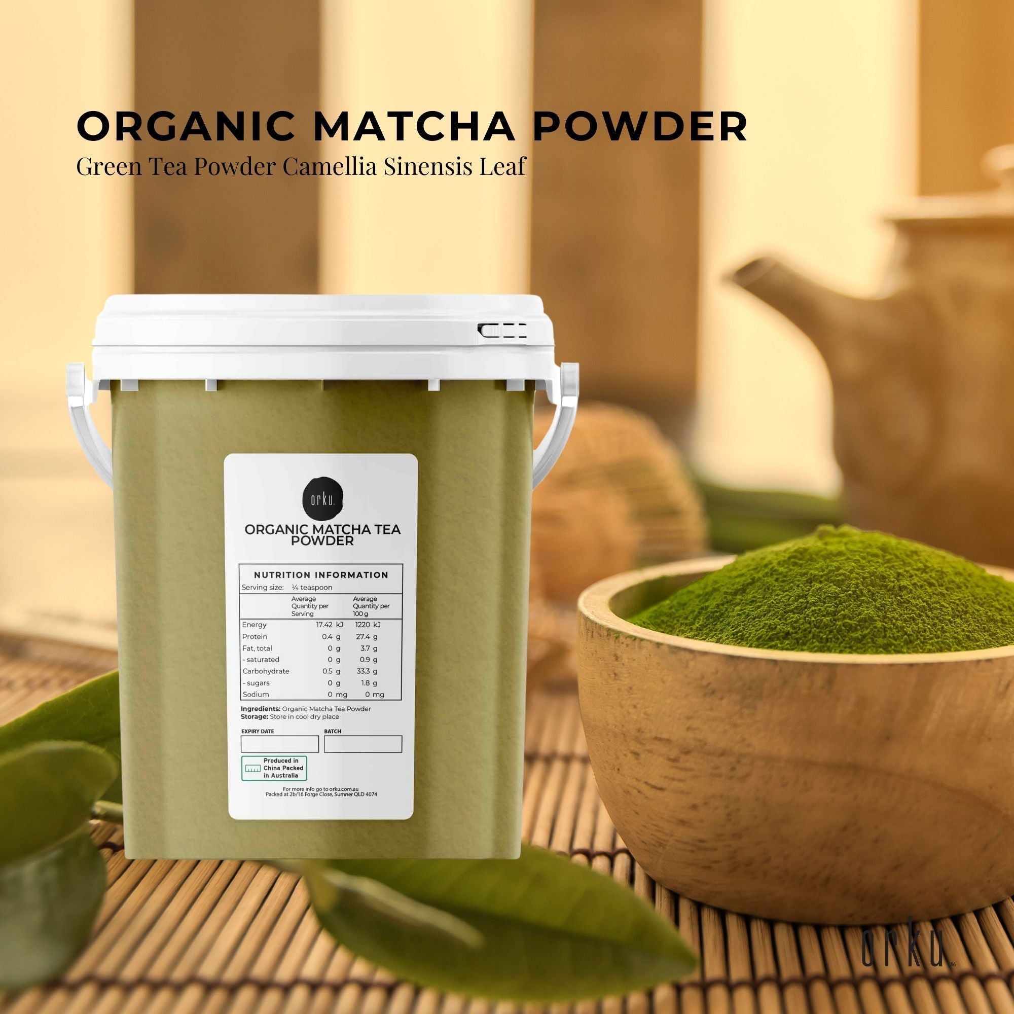 Green plastic container of 600g Organic Matcha Powder with nutritional label