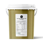 White plastic bucket of 600g Organic Matcha Powder with nutrition label