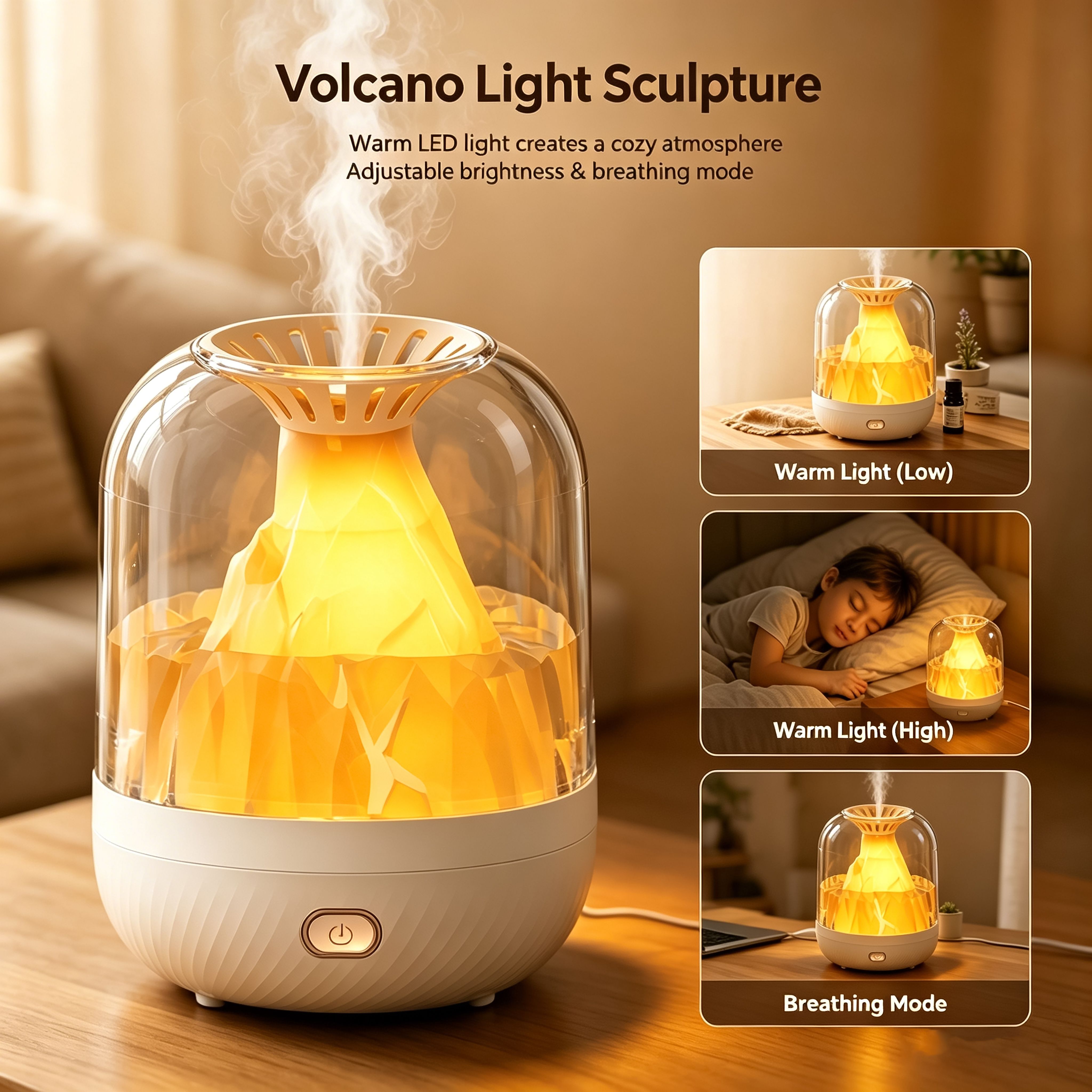 【900ML 3-in-1 Humidifier】 & Essential Oil Diffuser with Night Light, USB Powered Quiet Cool Mist Humidifier for Bedroom Office Home, Volcano Flame Effect Aromatherapy Humidifier, 36dB Low Noise, Large Capacity