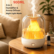 【900ML 3-in-1 Humidifier】 & Essential Oil Diffuser with Night Light, USB Powered Quiet Cool Mist Humidifier for Bedroom Office Home, Volcano Flame Effect Aromatherapy Humidifier, 36dB Low Noise, Large Capacity
