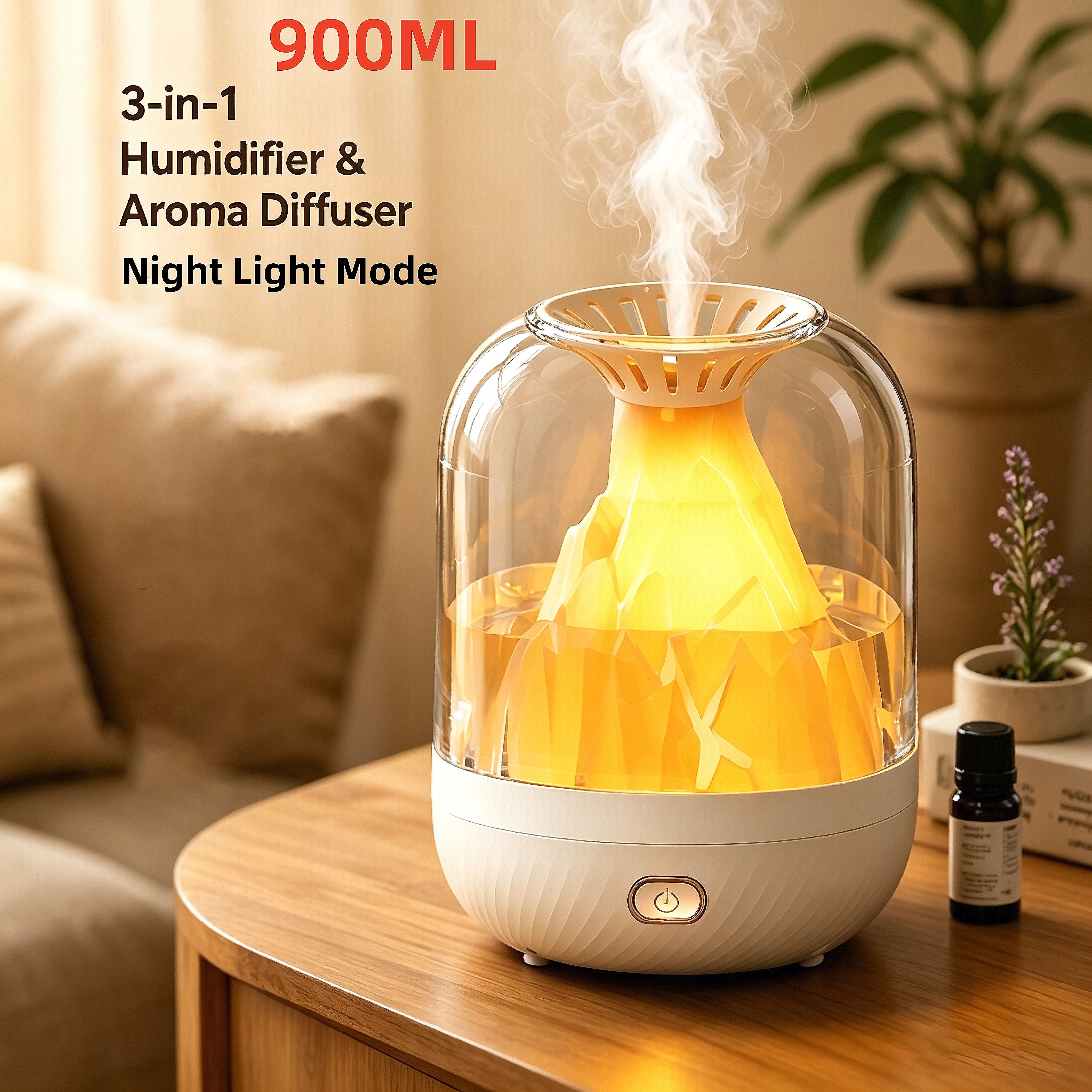【900ML 3-in-1 Humidifier】 & Essential Oil Diffuser with Night Light, USB Powered Quiet Cool Mist Humidifier for Bedroom Office Home, Volcano Flame Effect Aromatherapy Humidifier, 36dB Low Noise, Large Capacity