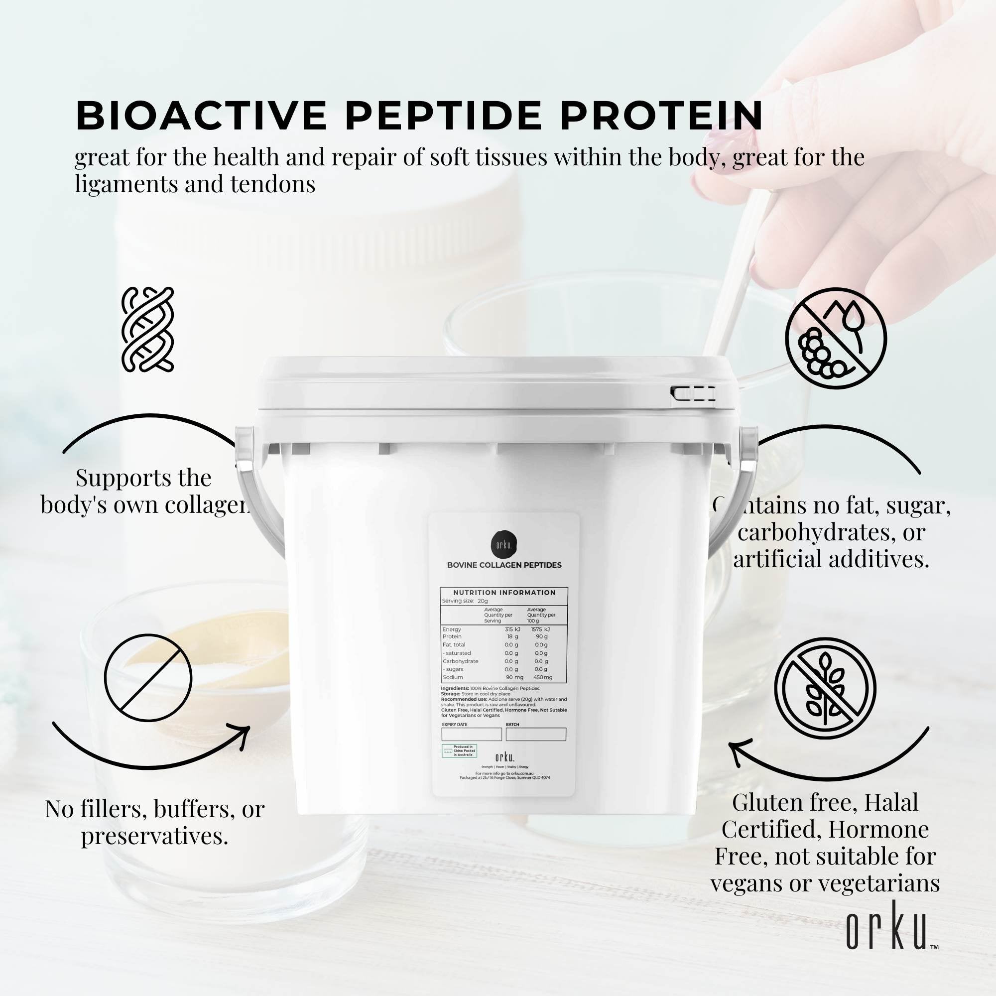 2.5Kg Collagen Powder Bucket - Bovine Protein Peptide Supplement Unflavoured