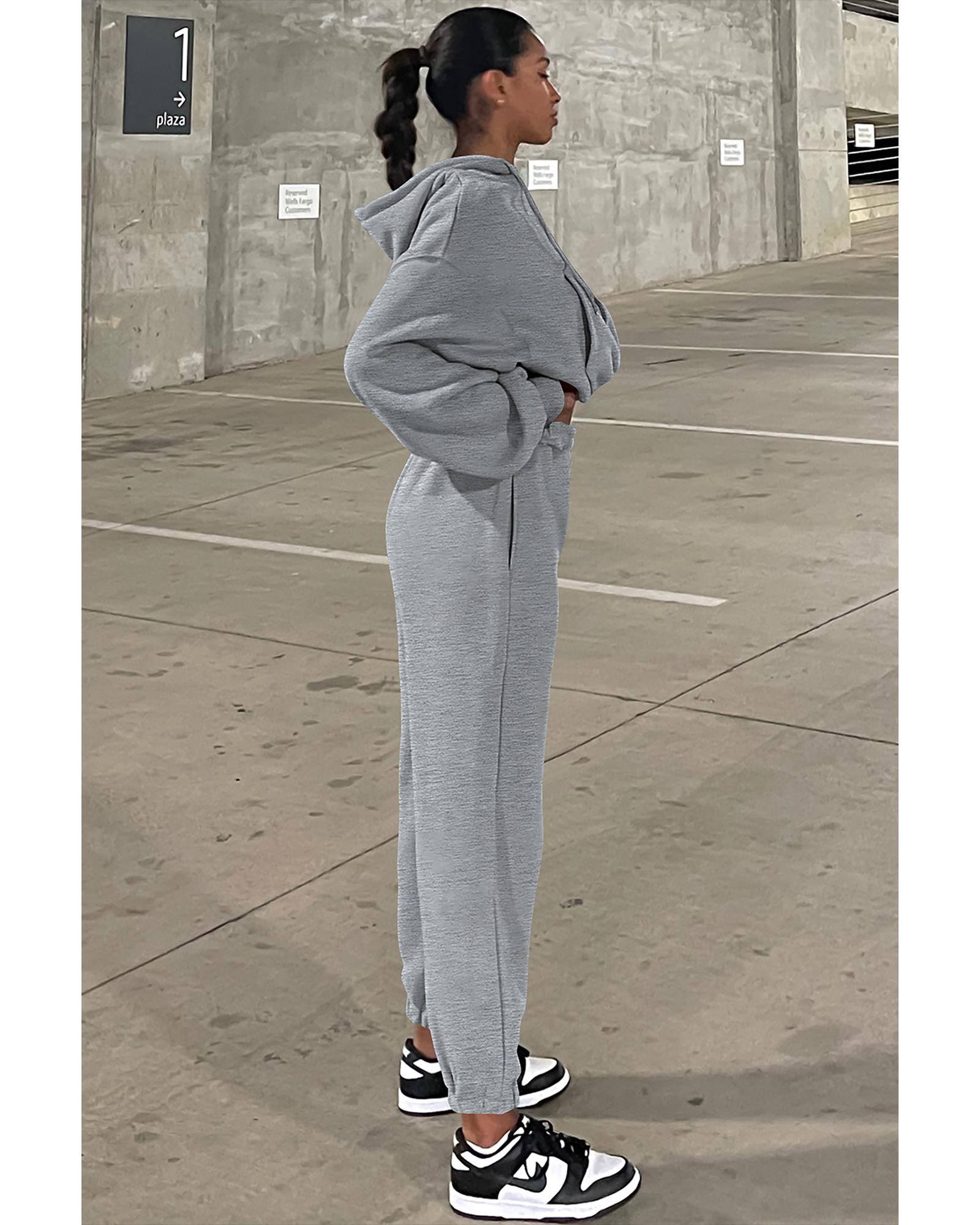 Gray Solid Drop Shoulder Hoodie and Joggers Activewear Set - L