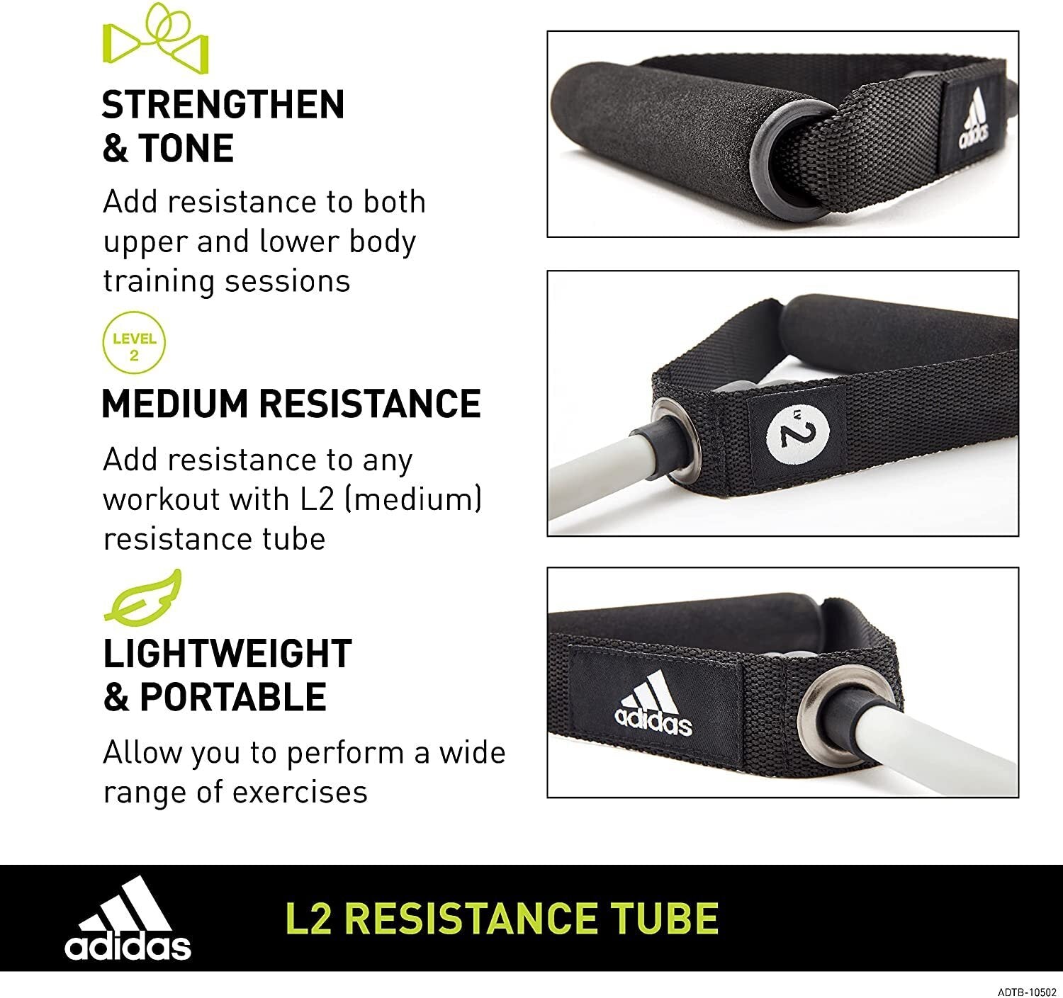 Adidas Resistance Tube Level 2 Band Elastic Yoga Fitness Gym Strap - Grey/Black