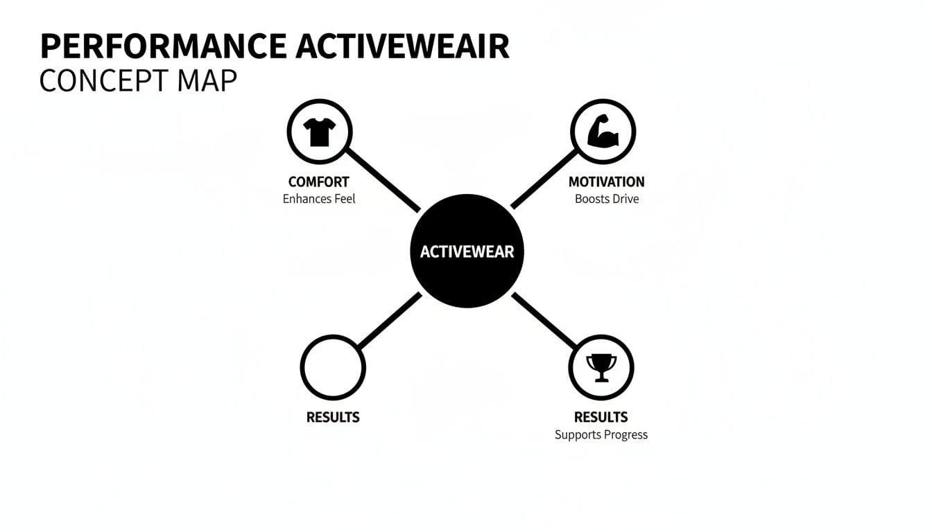 Performance activewear concept map illustrating the benefits of comfort, motivation, and results.