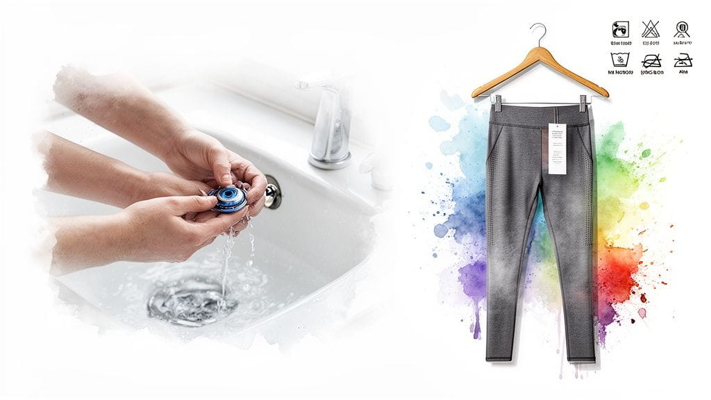 Hands washing a blue grooming device in a sink next to grey activewear leggings with laundry care symbols.