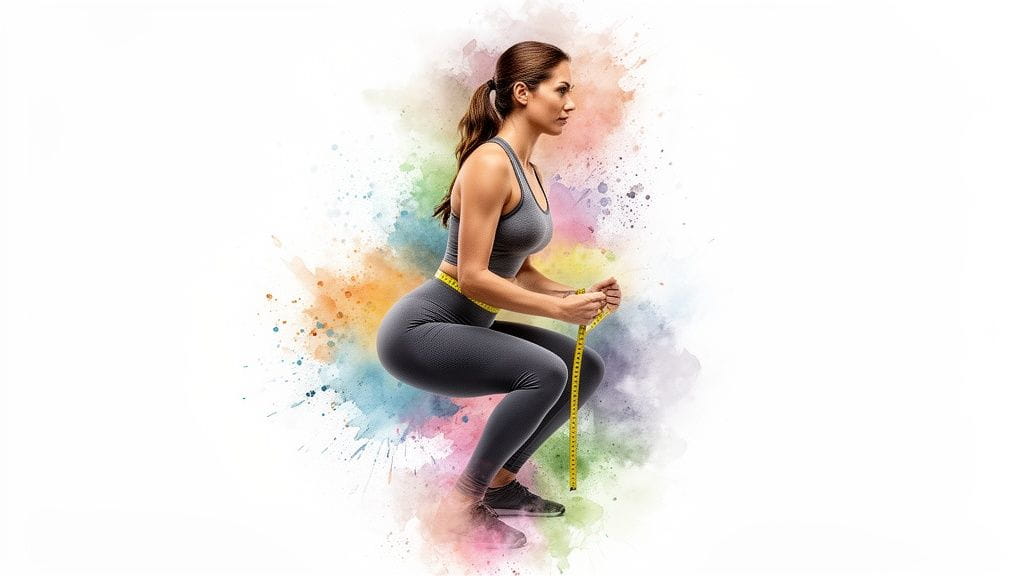 A fit woman in grey activewear squats, measuring her waist with a yellow tape.