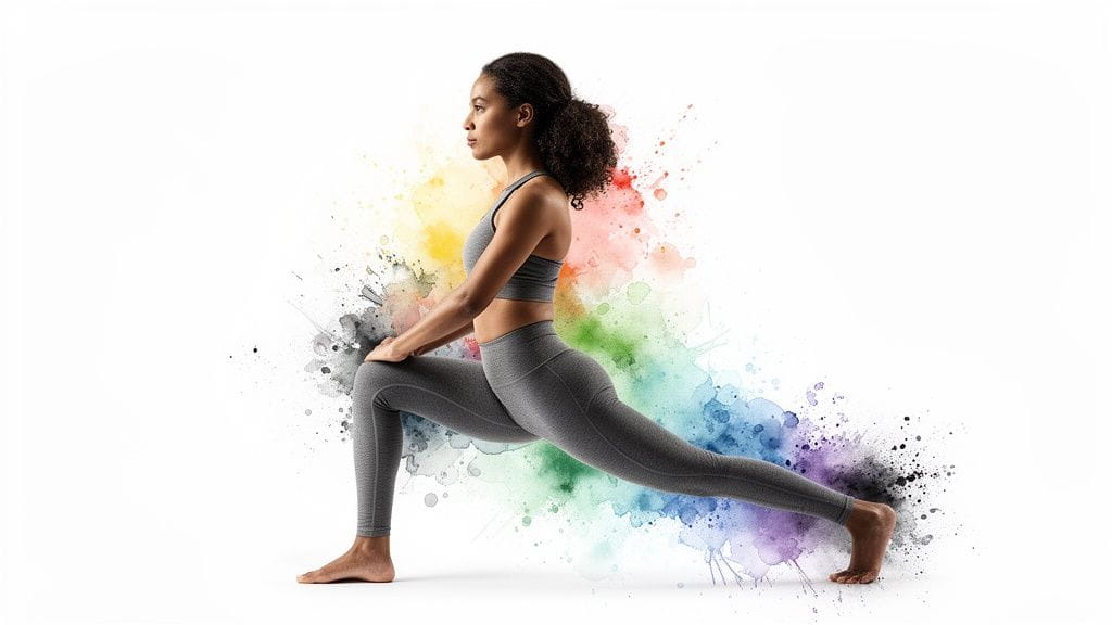 A woman in grey activewear stretching in a lunge pose with colorful watercolor splashes.