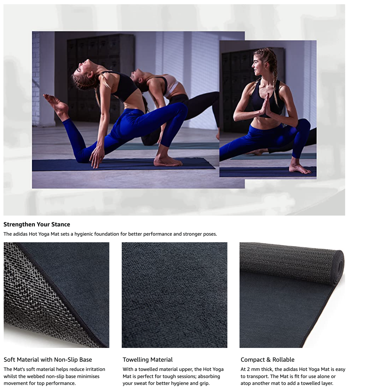 Black Adidas Hot Bikram Yoga Mat with textured grip and webbed non-slip base