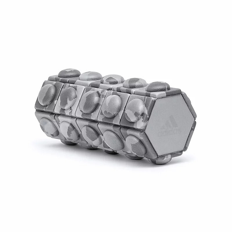 Gray Adidas Mini Textured Foam Roller for recovery with hexagonal pattern design