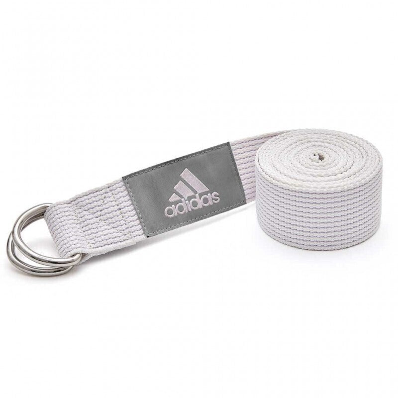 Light gray Adidas Premium Yoga Strap with metal D buckle and adjustable belt for Pilates