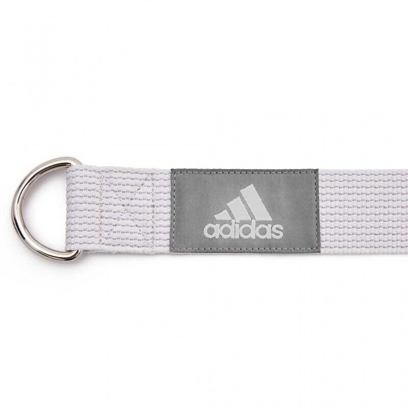 White cotton Premium Yoga Strap with gray Adidas logo and metal D buckle for adjustable Pilates