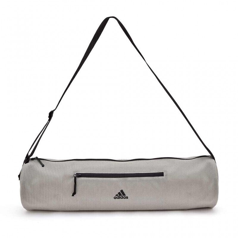 Light gray Adidas yoga mat carrier bag with black strap and zipper for gym fitness