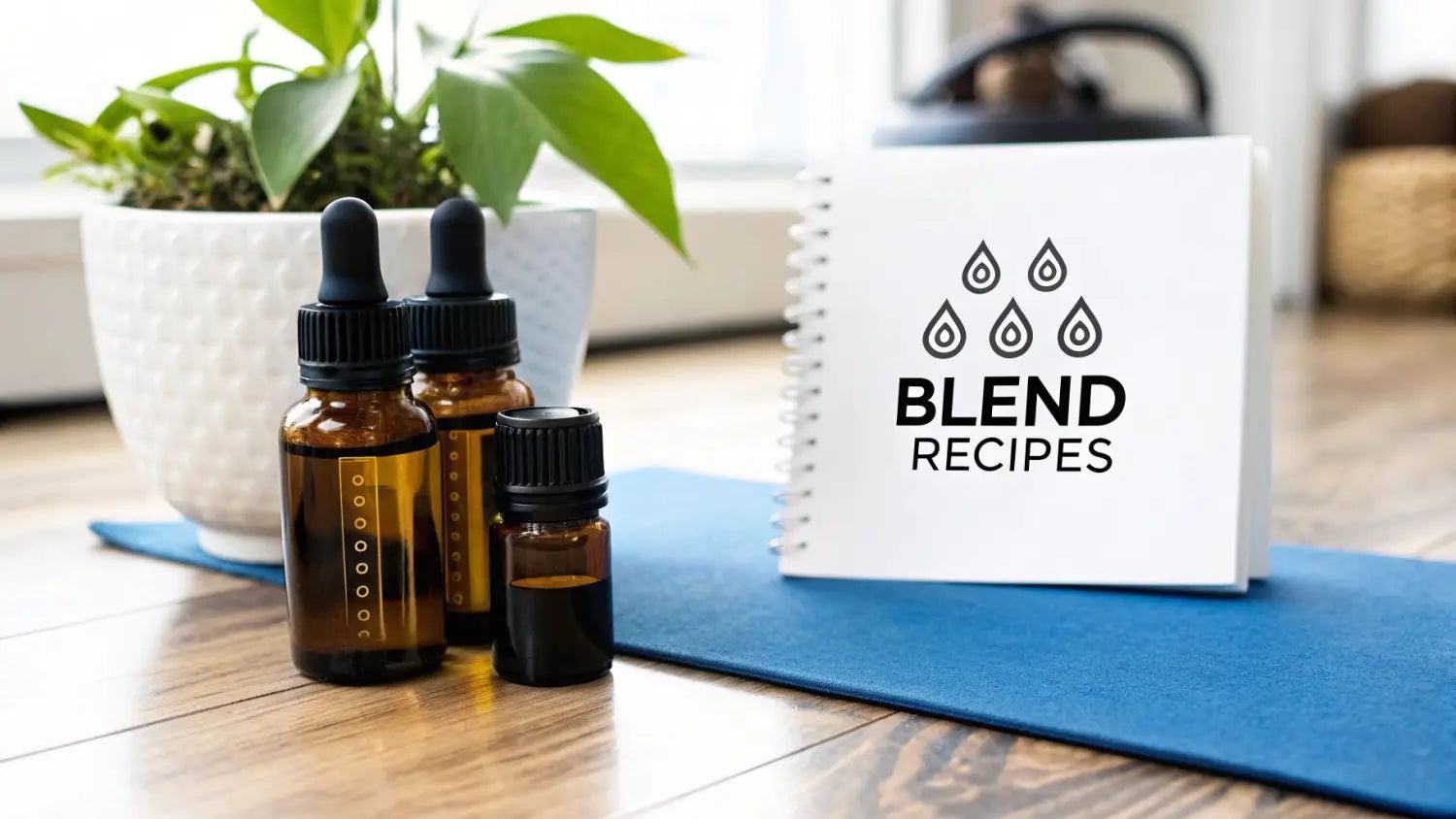 Amber essential oil dropper bottles, a 'BLEND RECIPES' notebook, and a plant on a blue mat.