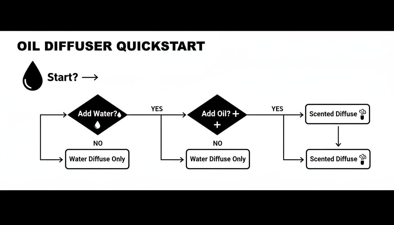 Flowchart for aromatherapy oil diffuser quickstart, showing steps to add water and oil for scented diffuse.