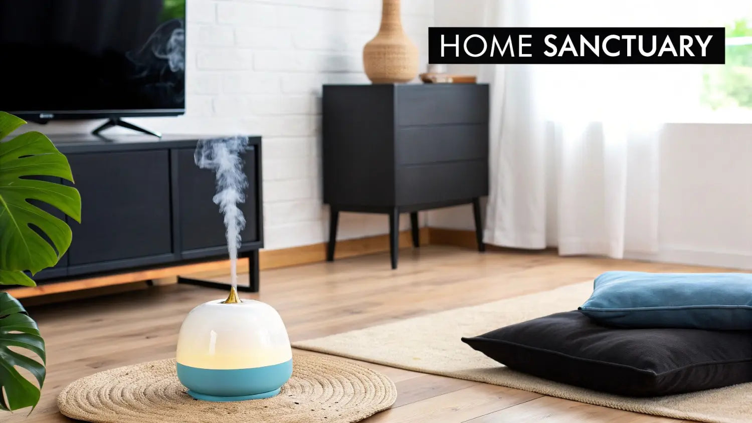 A modern living room featuring an aromatherapy oil diffuser emitting mist for a home sanctuary.