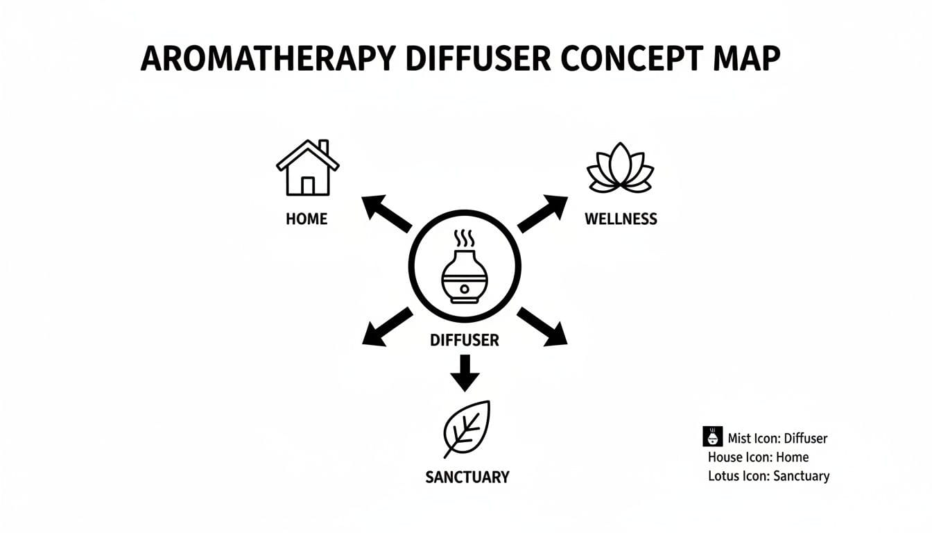 Aromatherapy diffuser concept map illustrating connections between a diffuser and concepts like home, wellness, and sanctuary.