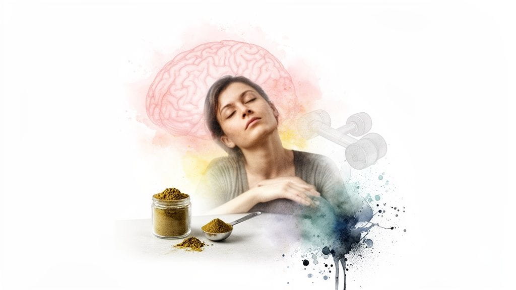 A serene woman, a brain, dumbbells, and herbal powder, symbolizing holistic health.